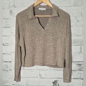 Gaze XS Taupe Knit Collared Long Sleeve Sweater Top Soft Stretch Cozy